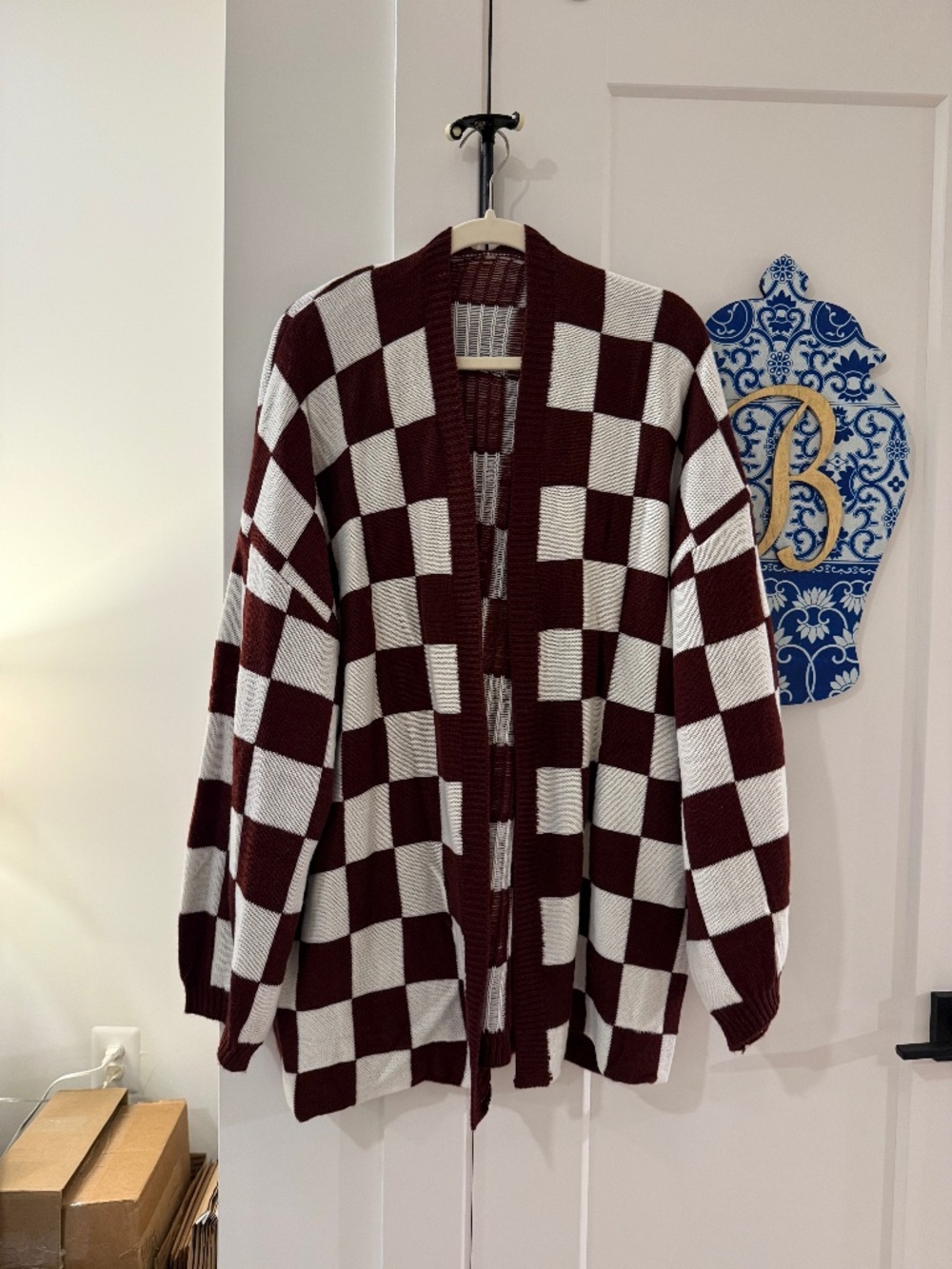 Burgundy Checked Cardigan